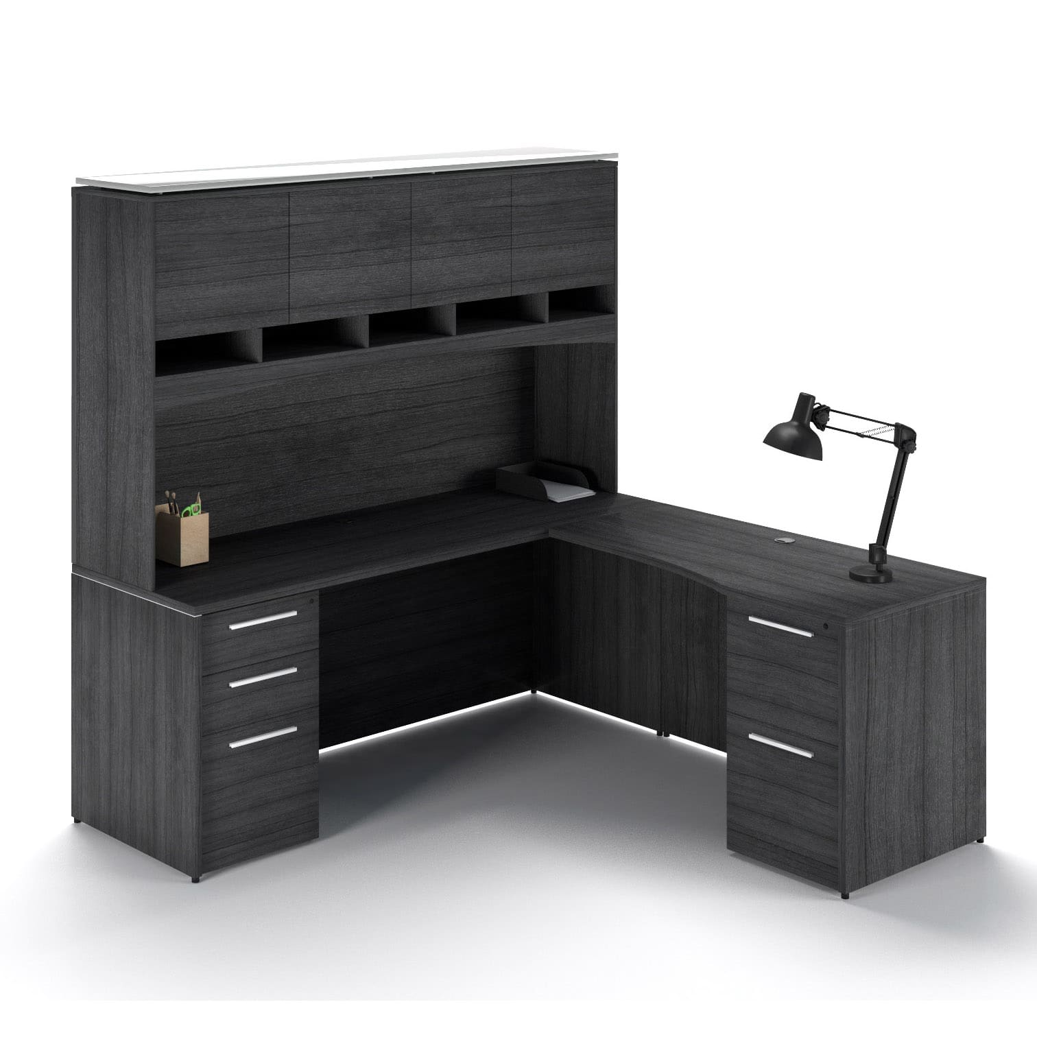 72"W Desk with File/File Pedestal, Overhead Hutch with Laminate Doors, and 42" Angled Return with Box/Box/File Pedestal - Image 1