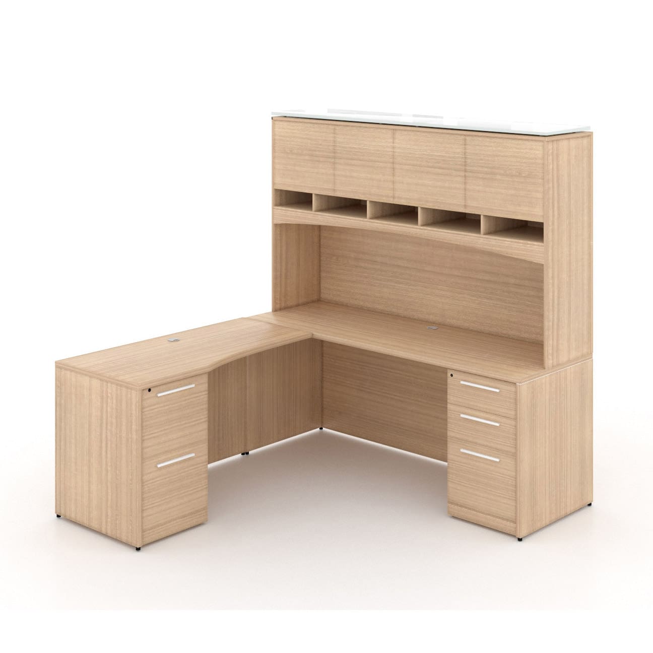 72"W Desk with File/File Pedestal, Overhead Hutch with Laminate Doors, and 42" Angled Return with Box/Box/File Pedestal - Image 9