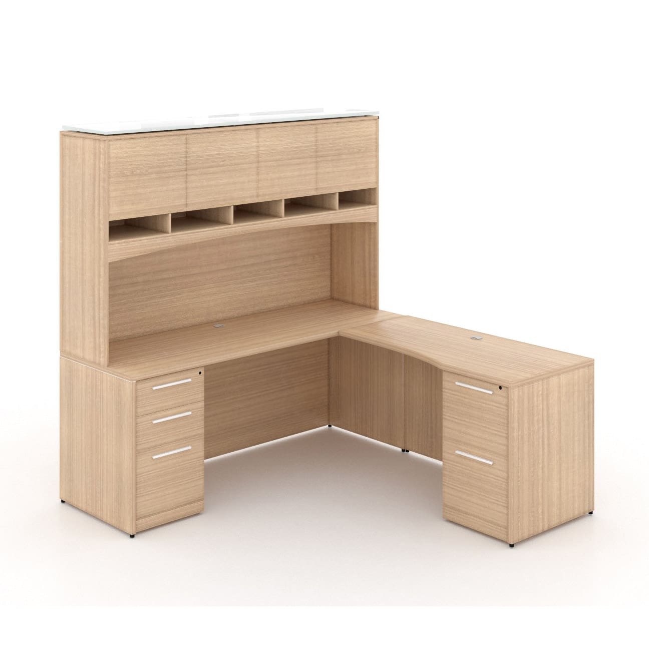72"W Desk with File/File Pedestal, Overhead Hutch with Laminate Doors, and 42" Angled Return with Box/Box/File Pedestal - Image 4
