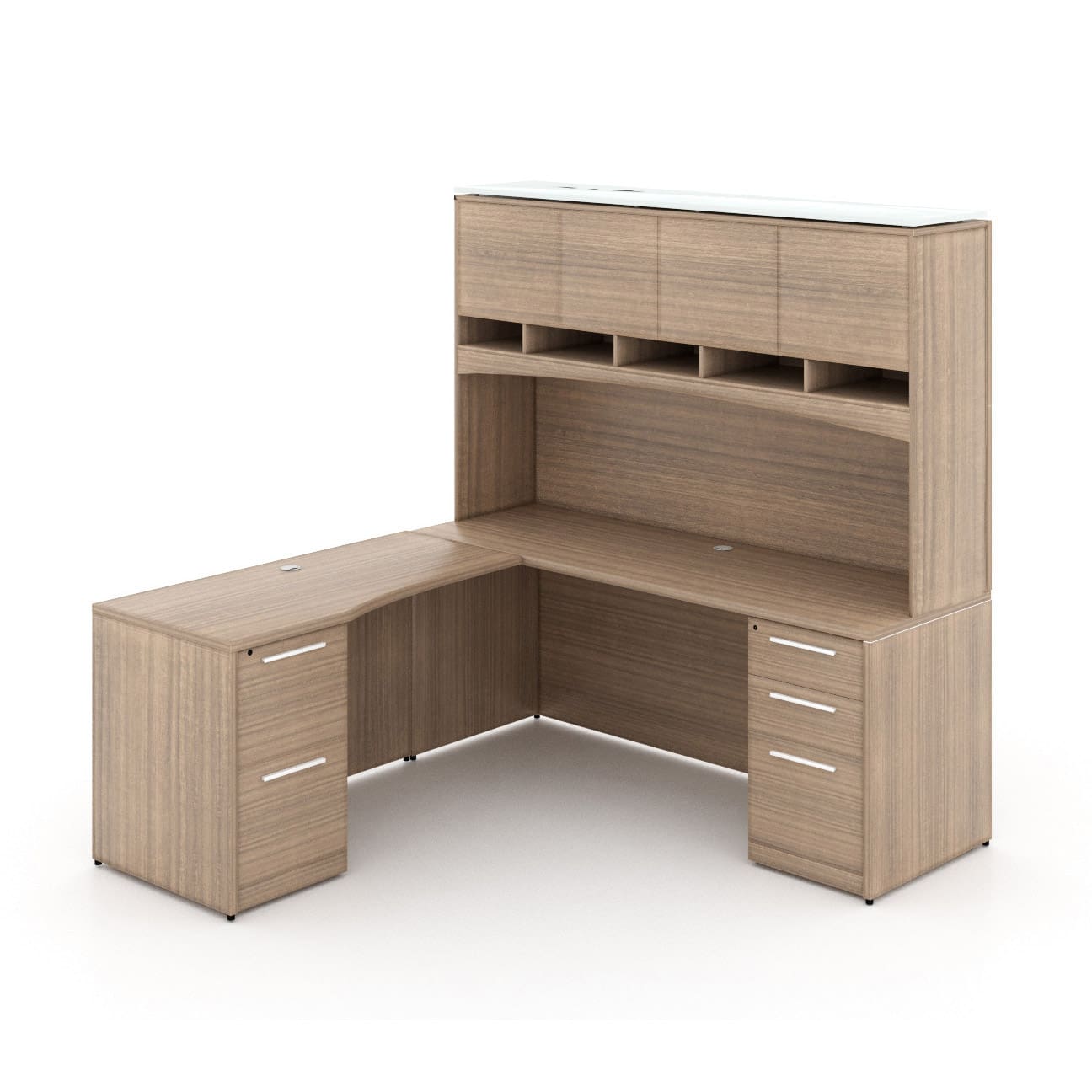 72"W Desk with File/File Pedestal, Overhead Hutch with Laminate Doors, and 42" Angled Return with Box/Box/File Pedestal - Image 10