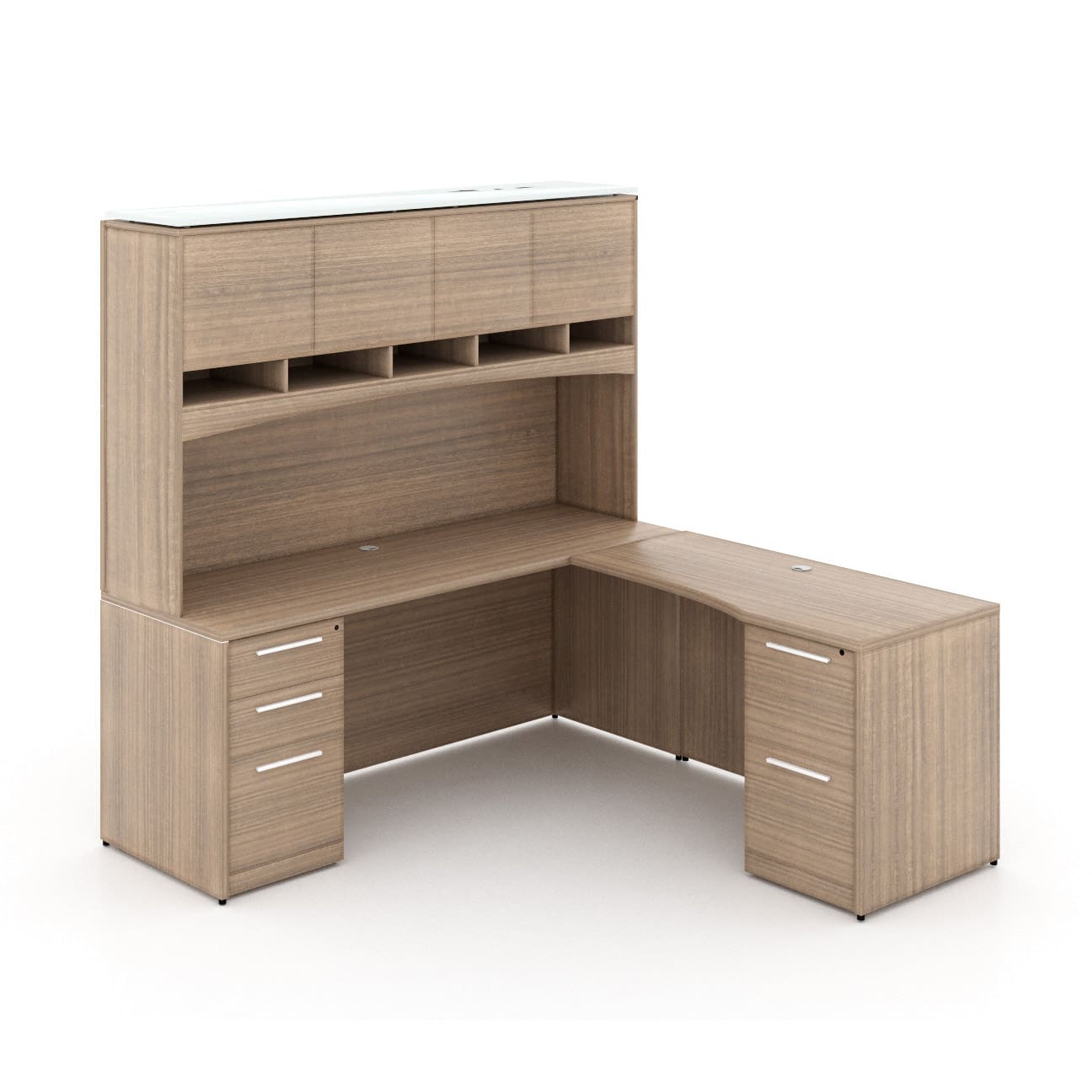 72"W Desk with File/File Pedestal, Overhead Hutch with Laminate Doors, and 42" Angled Return with Box/Box/File Pedestal - Image 5