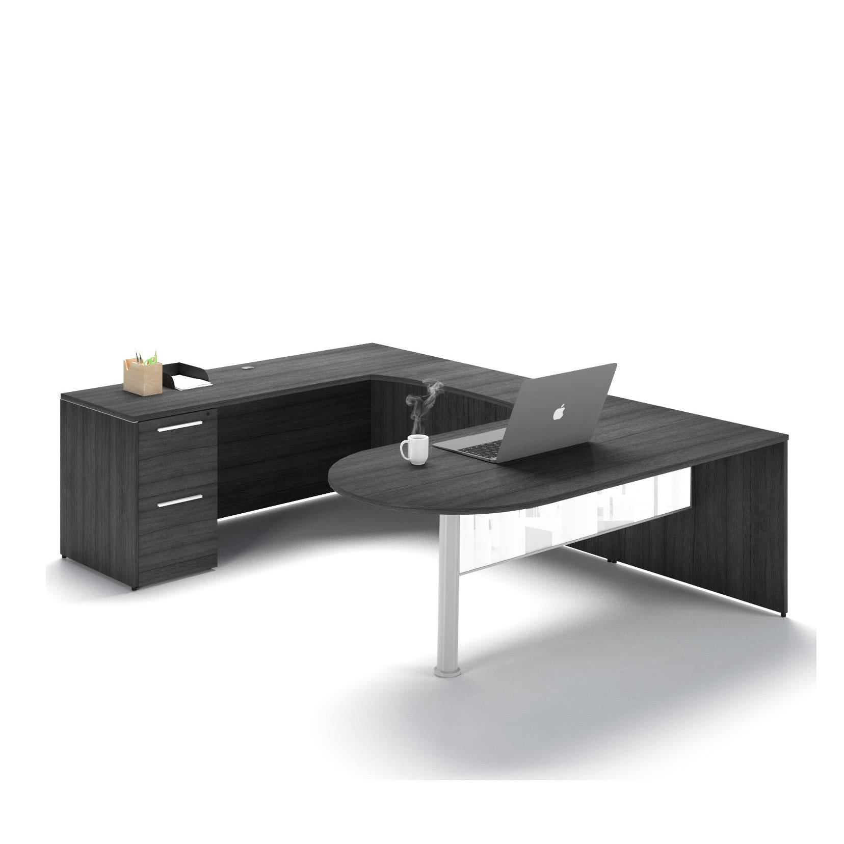 72"W Bullet Top Desk with Glass Modesty, 42" Curved Bridge, and 72" x 24" Credenza with File/File Pedestal - Image 3