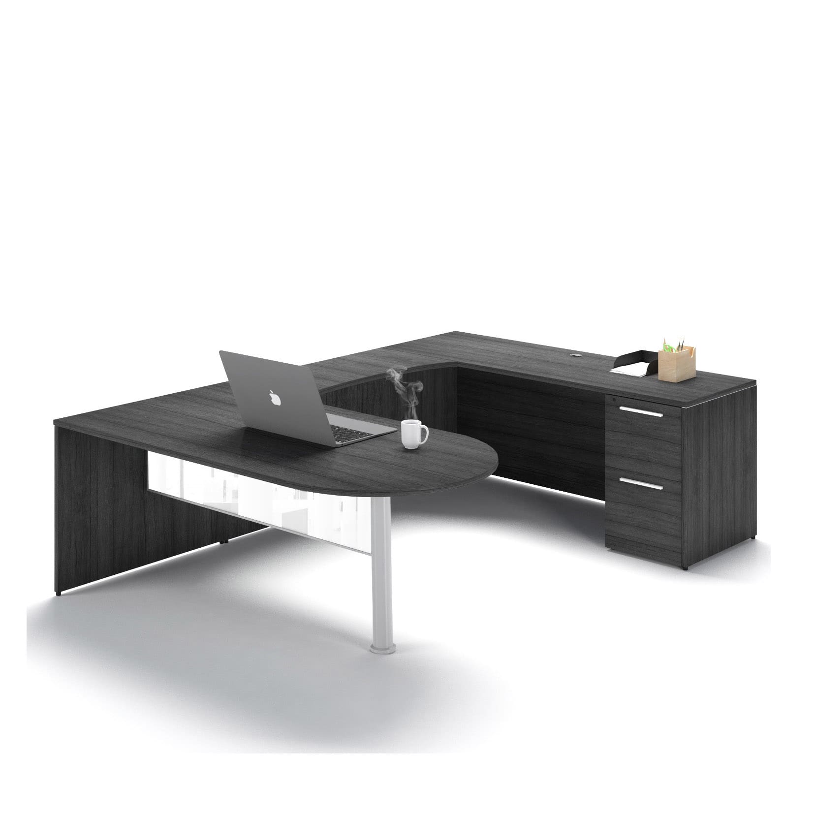 72"W Bullet Top Desk with Glass Modesty, 42" Curved Bridge, and 72" x 24" Credenza with File/File Pedestal - Image 7