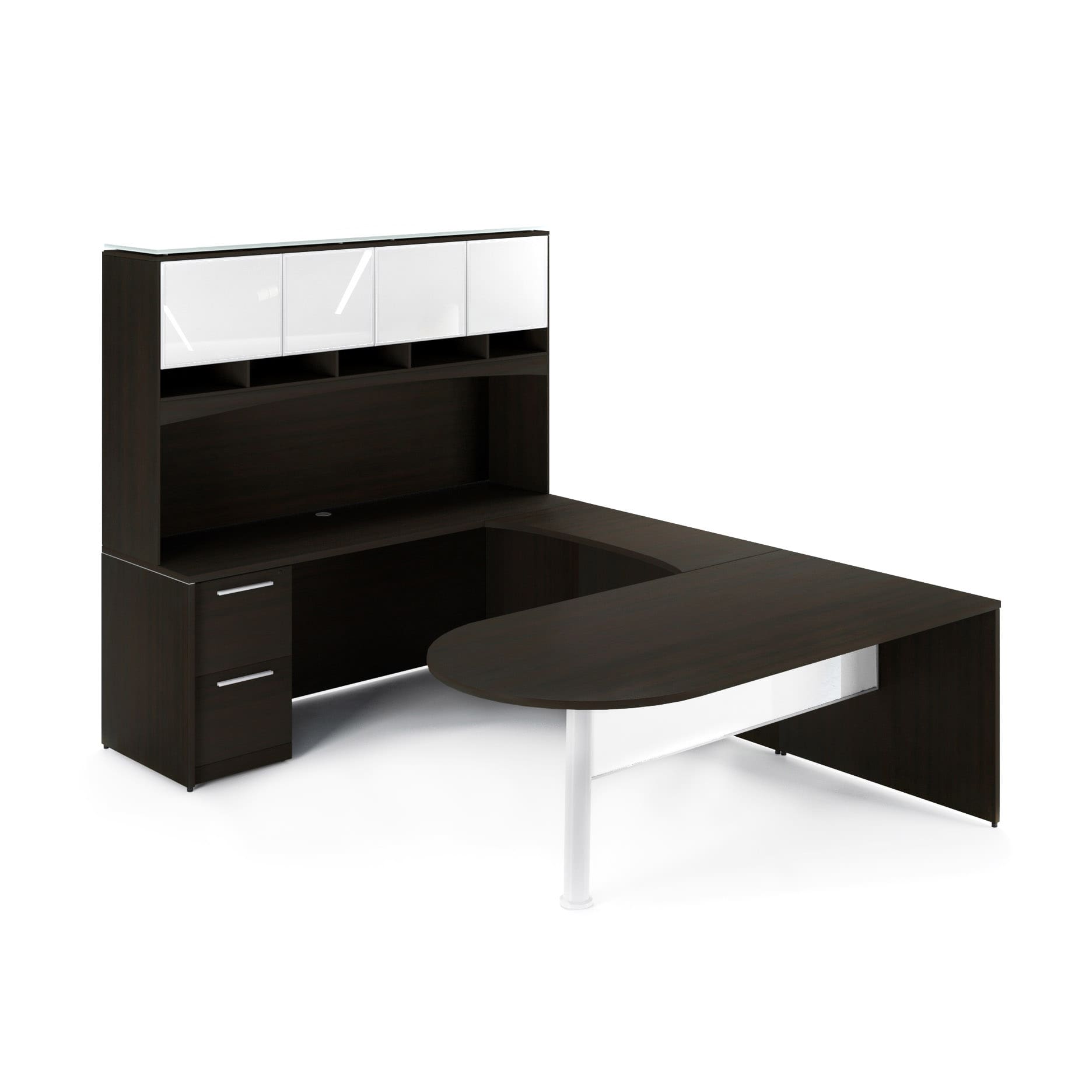 72"W Bullet Top Desk with Glass Modesty, 42" Curved Bridge, 72" x 24" Credenza with File/File Pedestal, and Overhead Hutch with Glass Doors - Image 2