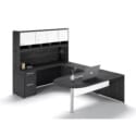 72"W Bullet Top Desk with Glass Modesty, 42" Curved Bridge, 72" x 24" Credenza with File/File Pedestal, and Overhead Hutch with Glass Doors - Thumbnail Image 1