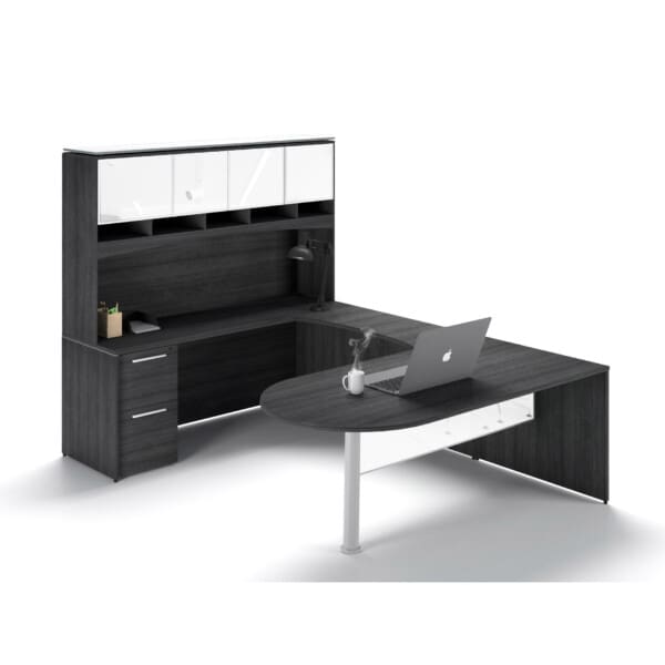 72"W Bullet Top Desk with Glass Modesty, 42" Curved Bridge, 72" x 24" Credenza with File/File Pedestal, and Overhead Hutch with Glass Doors