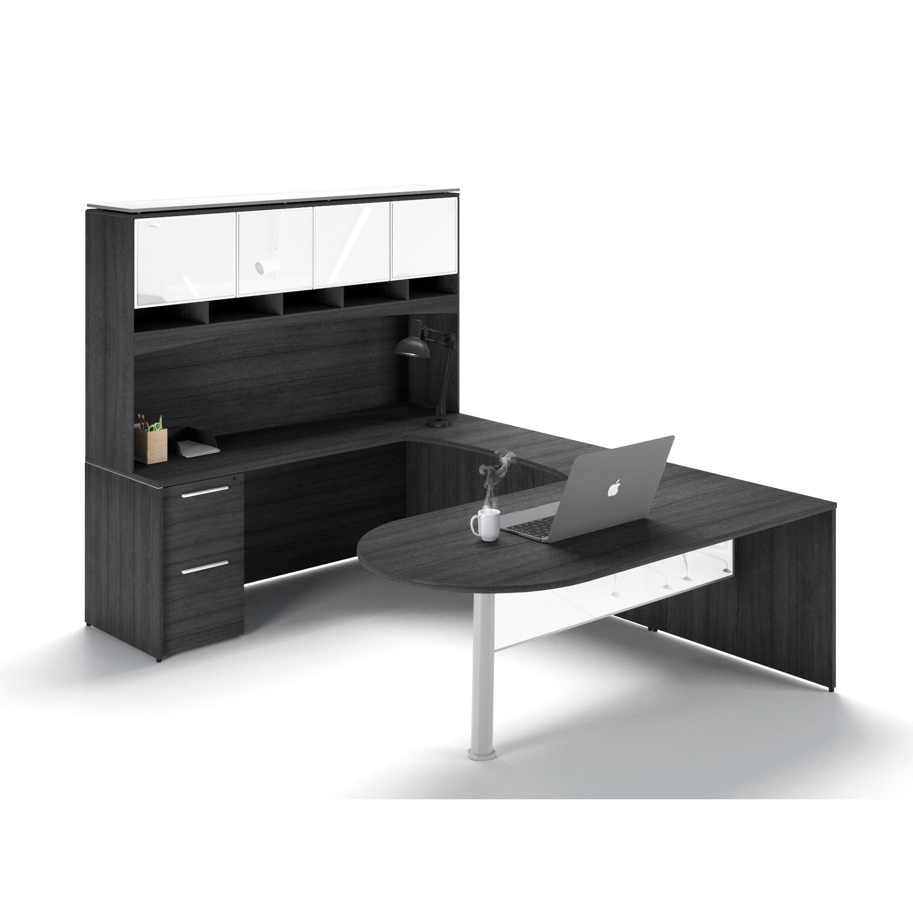 72"W Bullet Top Desk with Glass Modesty, 42" Curved Bridge, 72" x 24" Credenza with File/File Pedestal, and Overhead Hutch with Glass Doors - Image 1