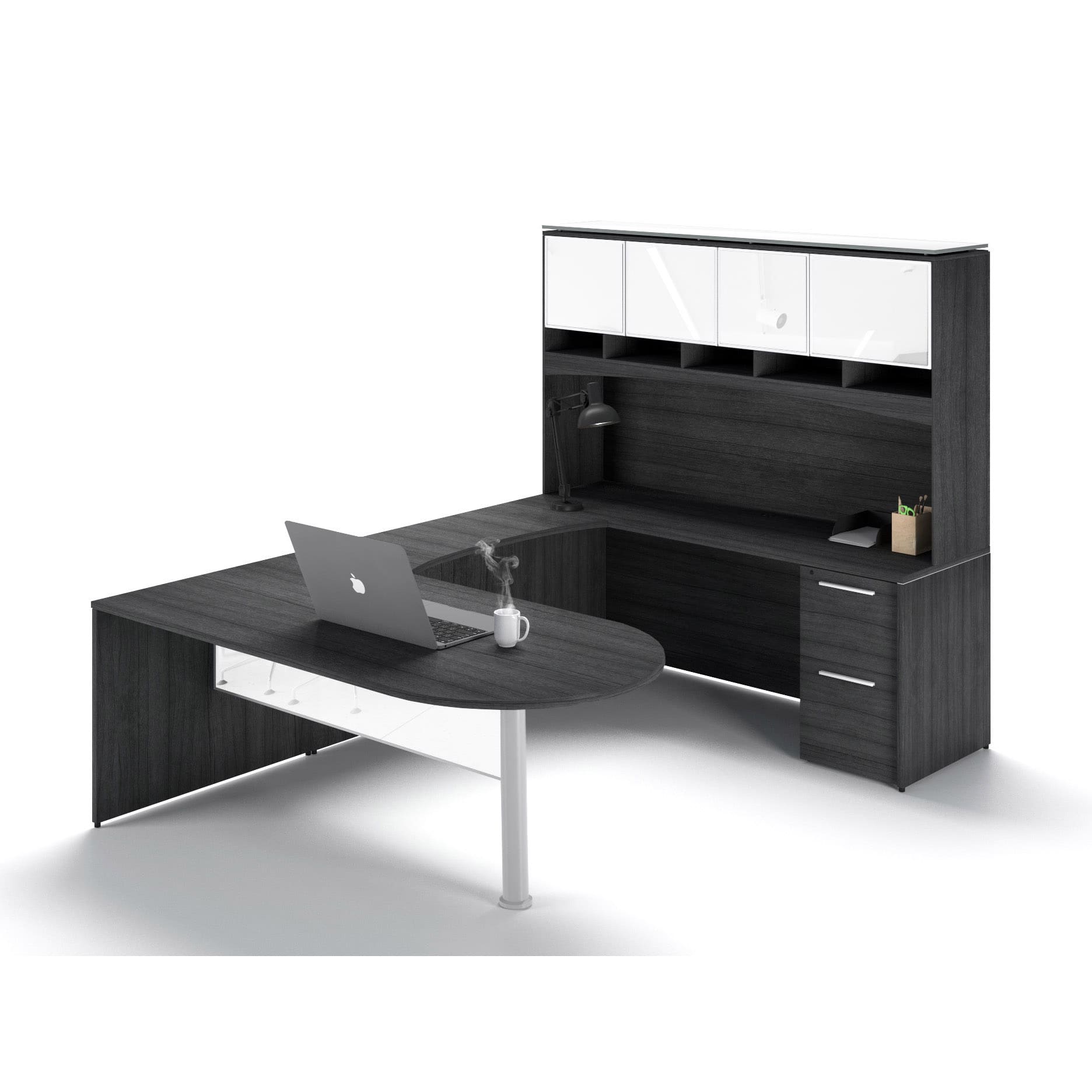 72"W Bullet Top Desk with Glass Modesty, 42" Curved Bridge, 72" x 24" Credenza with File/File Pedestal, and Overhead Hutch with Glass Doors - Image 7