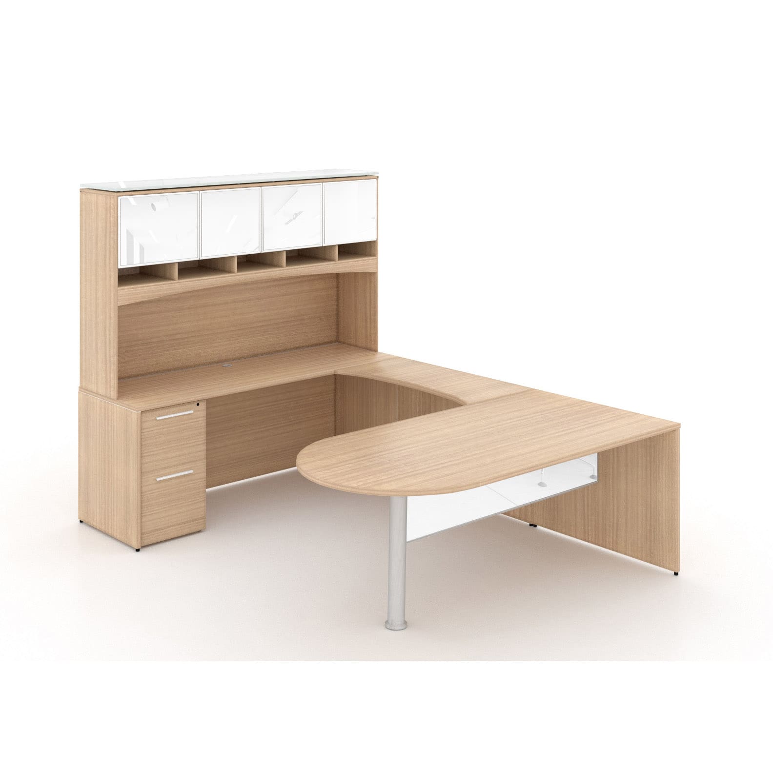 72"W Bullet Top Desk with Glass Modesty, 42" Curved Bridge, 72" x 24" Credenza with File/File Pedestal, and Overhead Hutch with Glass Doors - Image 3