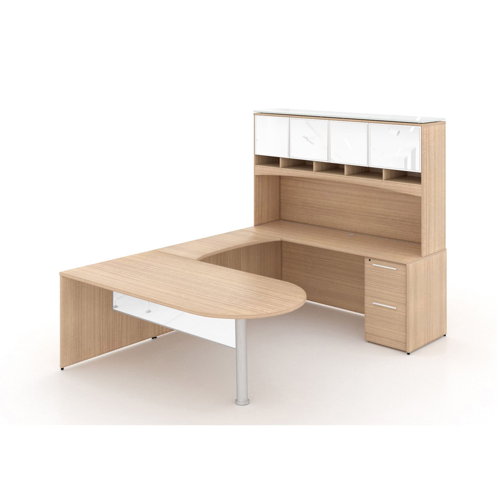 72"W Bullet Top Desk with Glass Modesty, 42" Curved Bridge, 72" x 24" Credenza with File/File Pedestal, and Overhead Hutch with Glass Doors - Image 6