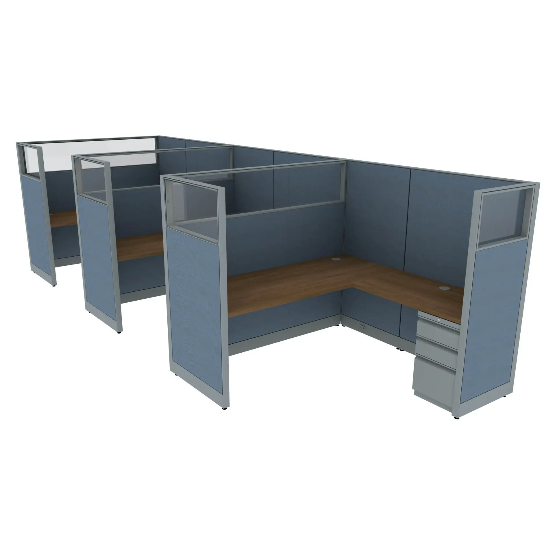 6′ x 6′ L-Shaped Cubicle Workstation 65″H Panel with Framed Glass on Wing Panels (Cluster of 3) - Image 1