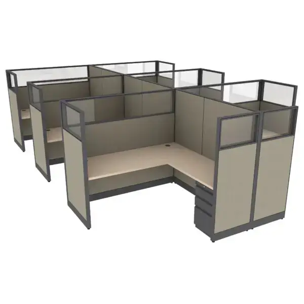 6′ x 6′ L-Shaped Cubicle Workstation 65″H Panel with Framed Glass on Wing Panels (Cluster of 6)