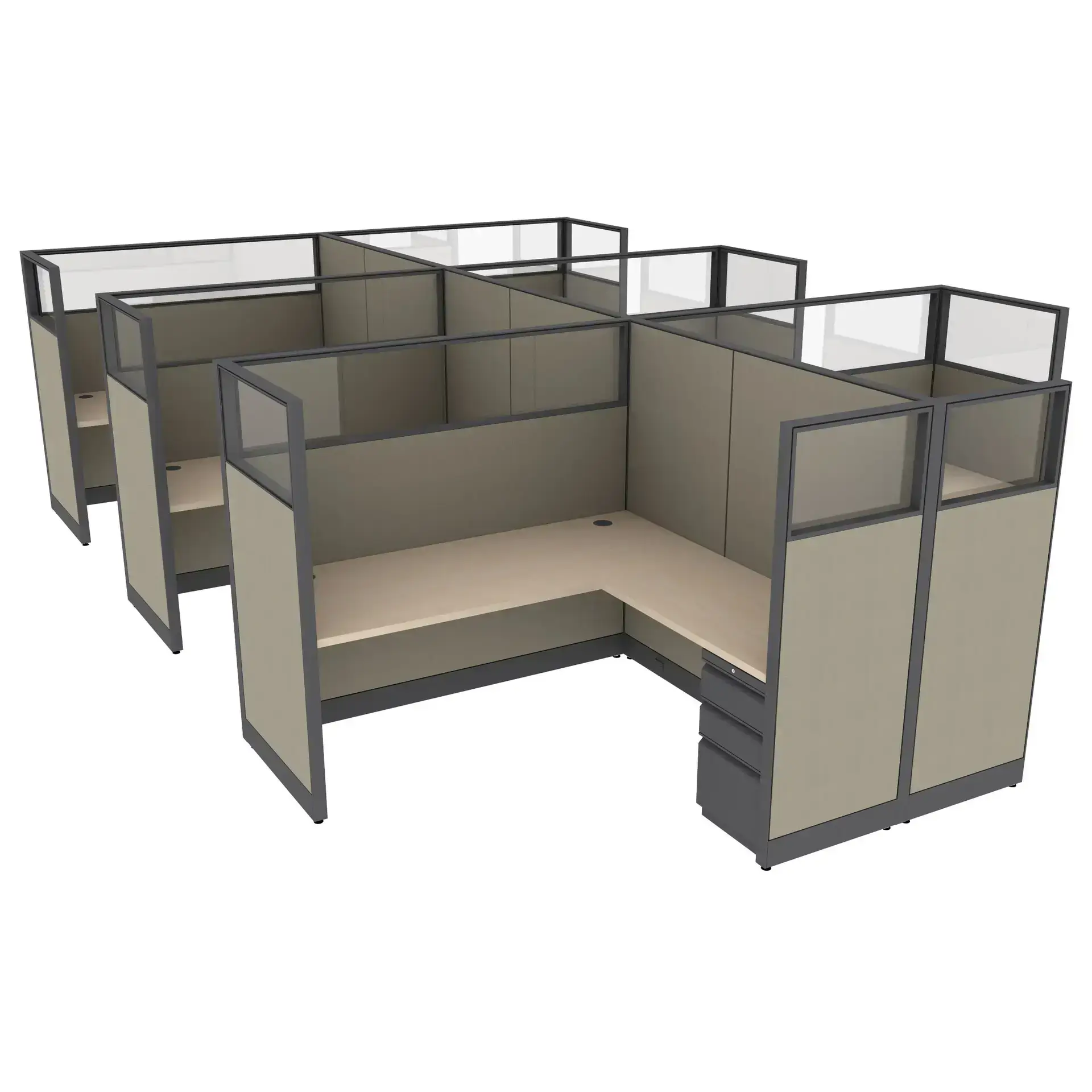 6′ x 6′ L-Shaped Cubicle Workstation 65″H Panel with Framed Glass on Wing Panels (Cluster of 6) - Image 1