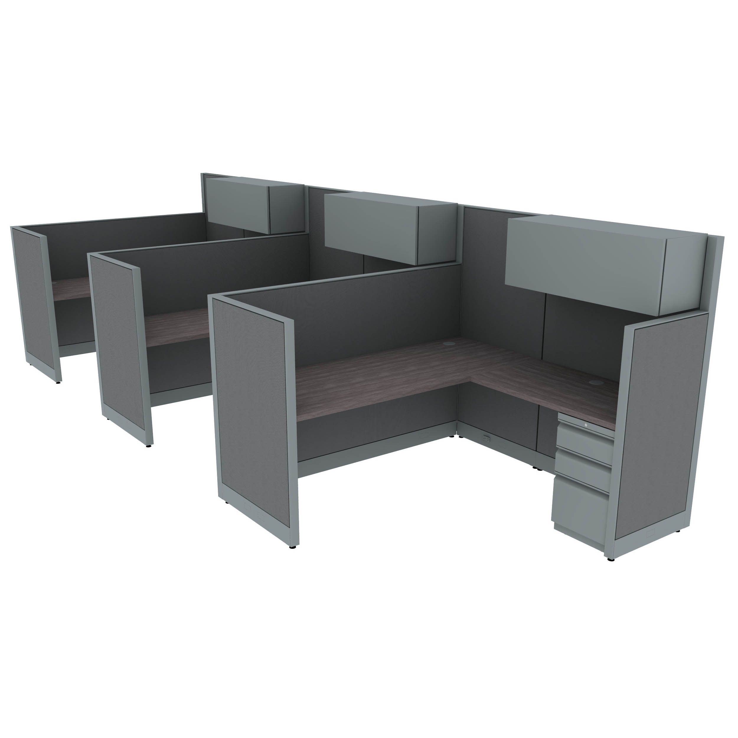 6′ x 6′ L-Shaped Cubicle Workstation 65″H Panel Spine and Overhead Hutch with 50" Wing Panels (Cluster of 3) - Image 1
