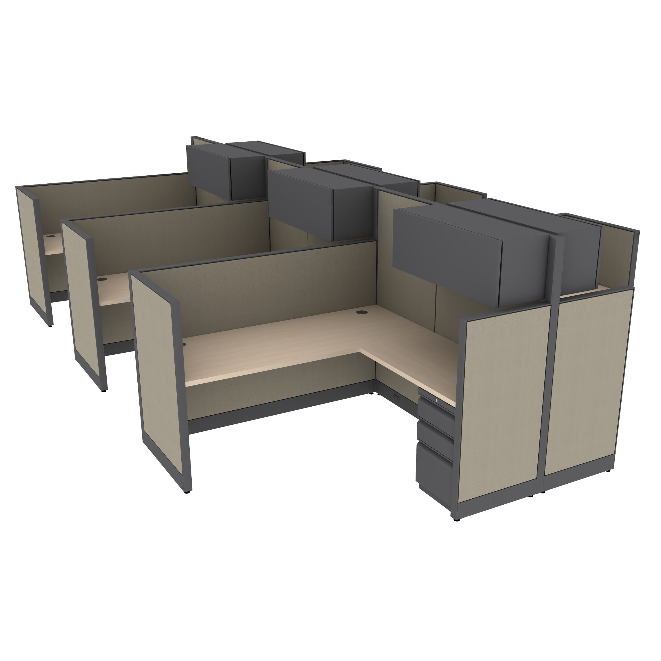 6′ x 6′ L-Shaped Cubicle Workstation 65″H Panel Spine and Overhead Hutch with 50" Wing Panels (Cluster of 6) - Image 1